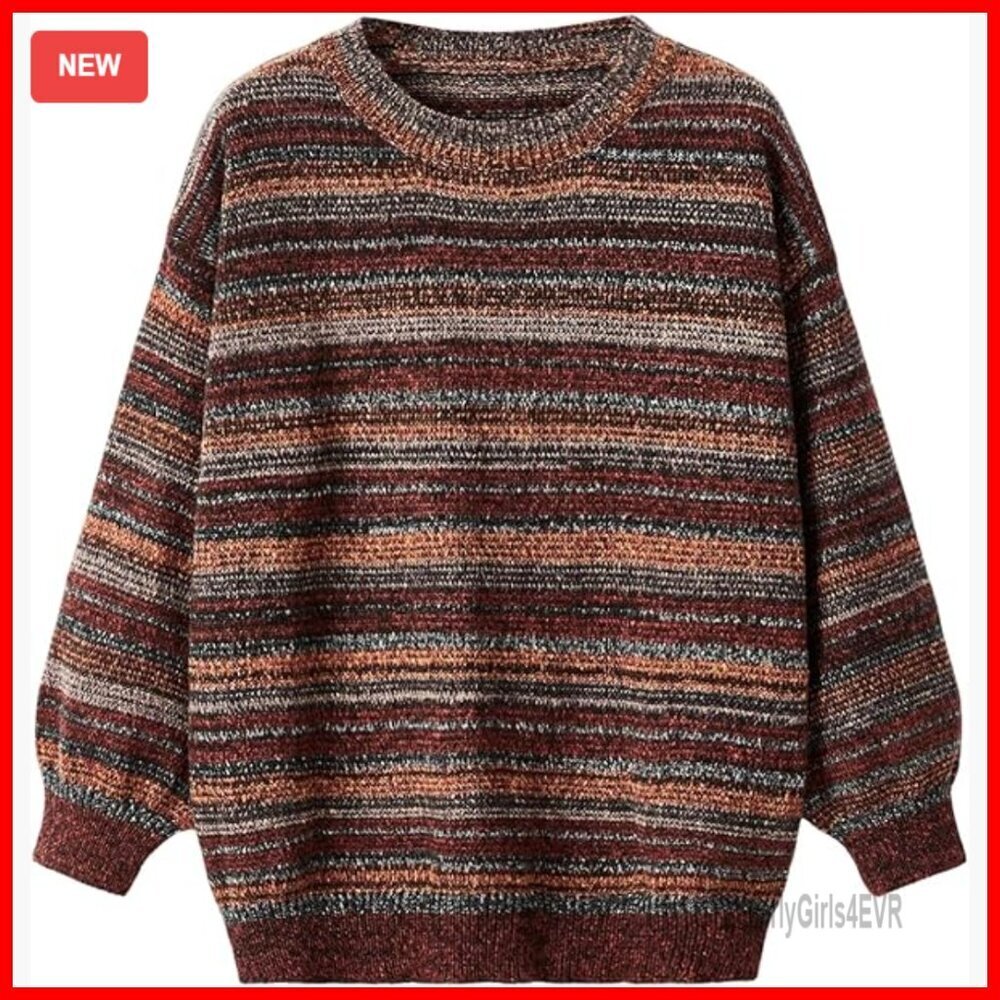 Oversized Vintage Striped Knit Sweater Long Sleeve Crew Neck
